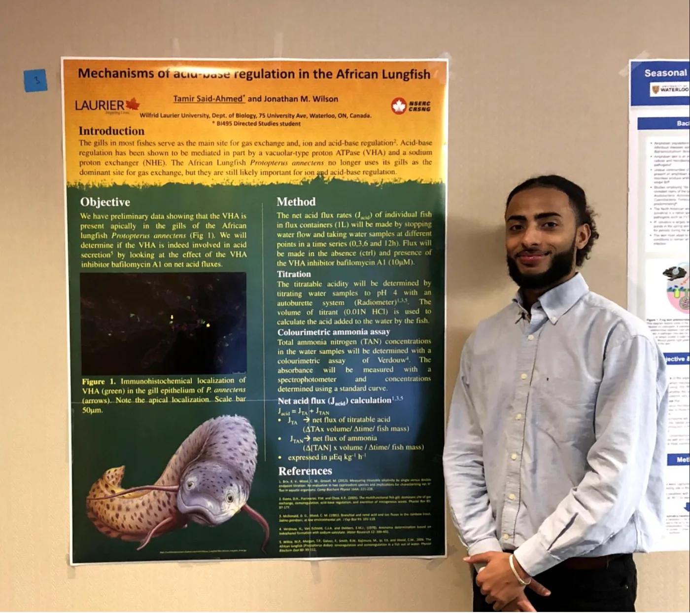Tamir presenting his undergraduate research poster on acid-base regulation in the African lungfish