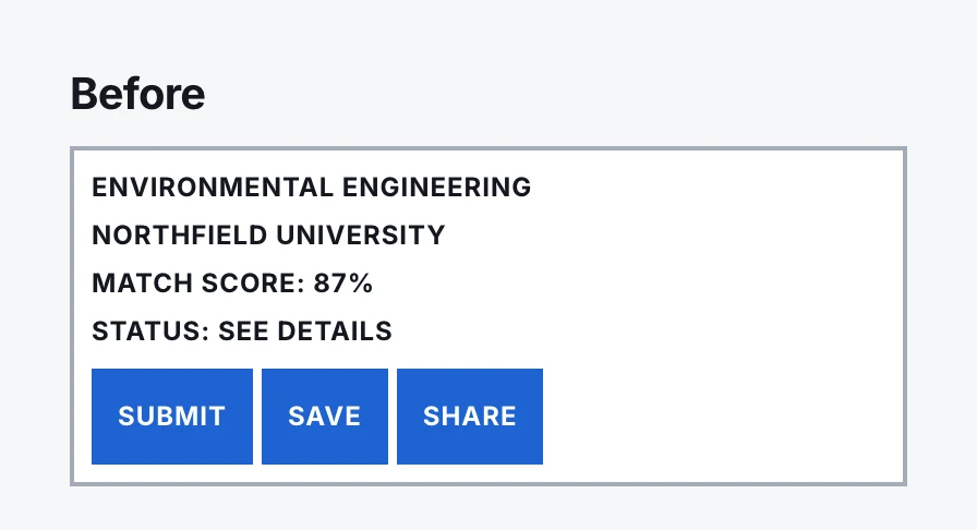Before: a program card in capitals with a match score of 87 percent and three equal filled buttons, Submit, Save and Share