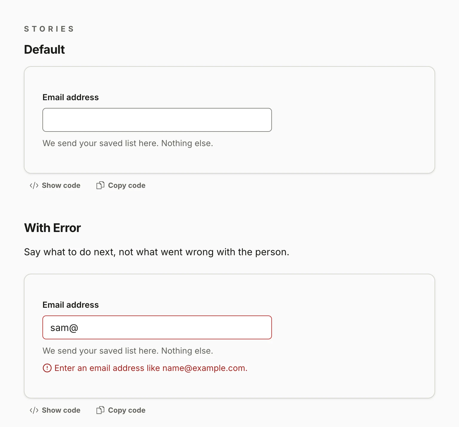 Input stories in Storybook: an email field with its label and hint, then the same field with a red edge and the error Enter an email address like name@example.com