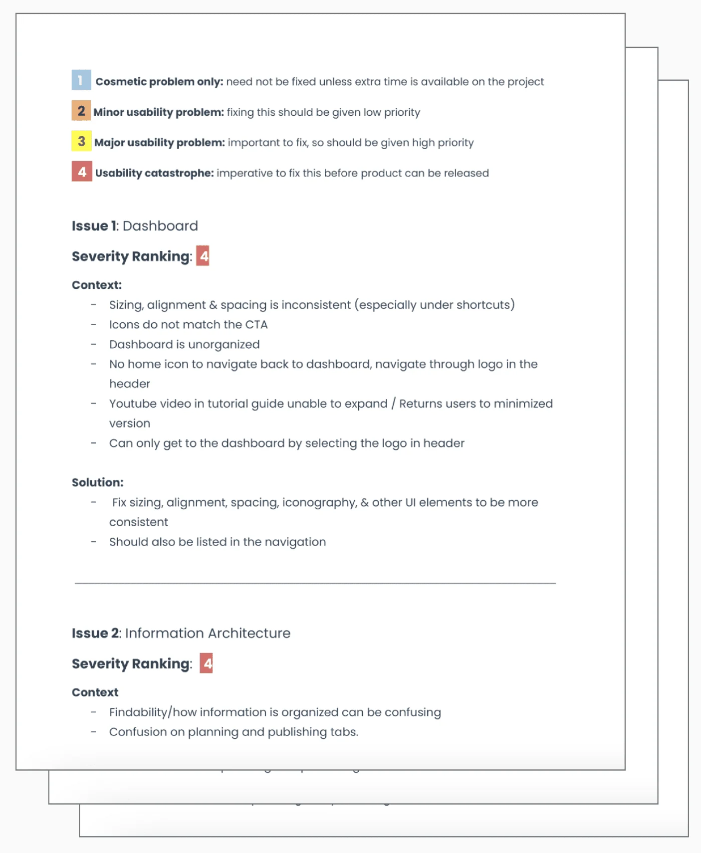 The audit document: severity-ranked issues, each paired with a proposed solution