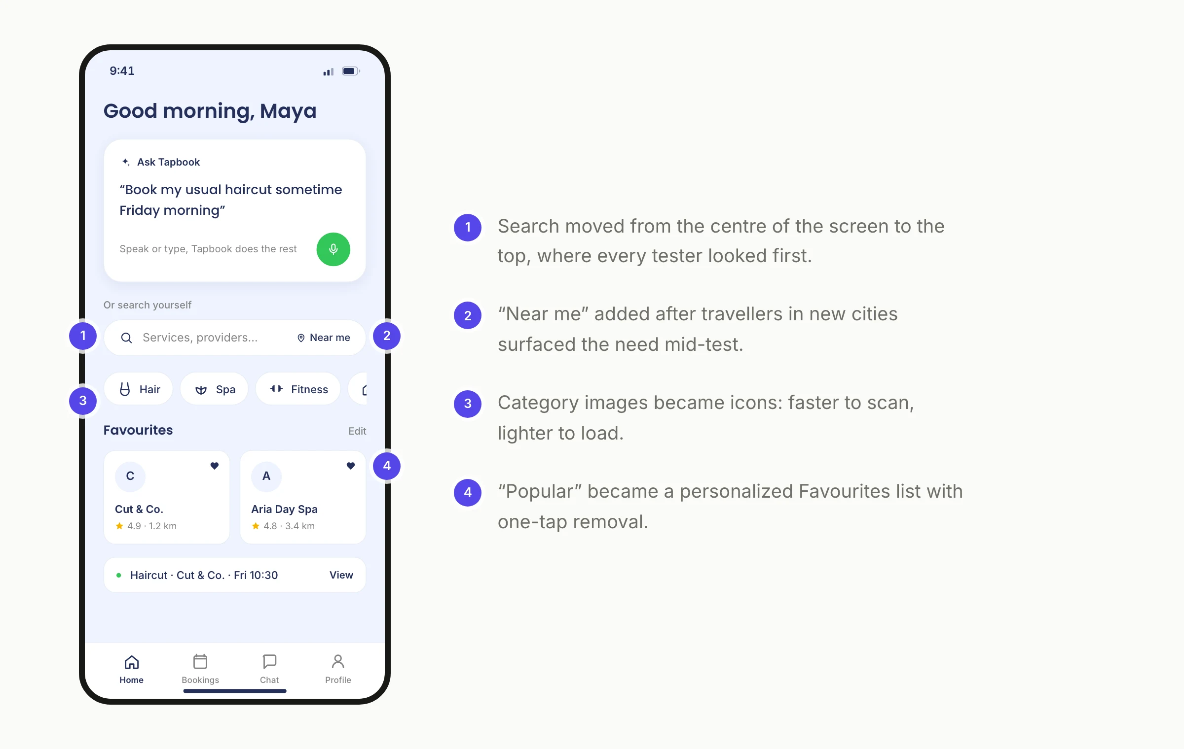 Client home after testing: search relocated for discoverability, and a "Near Me" option born from observed traveller behavior