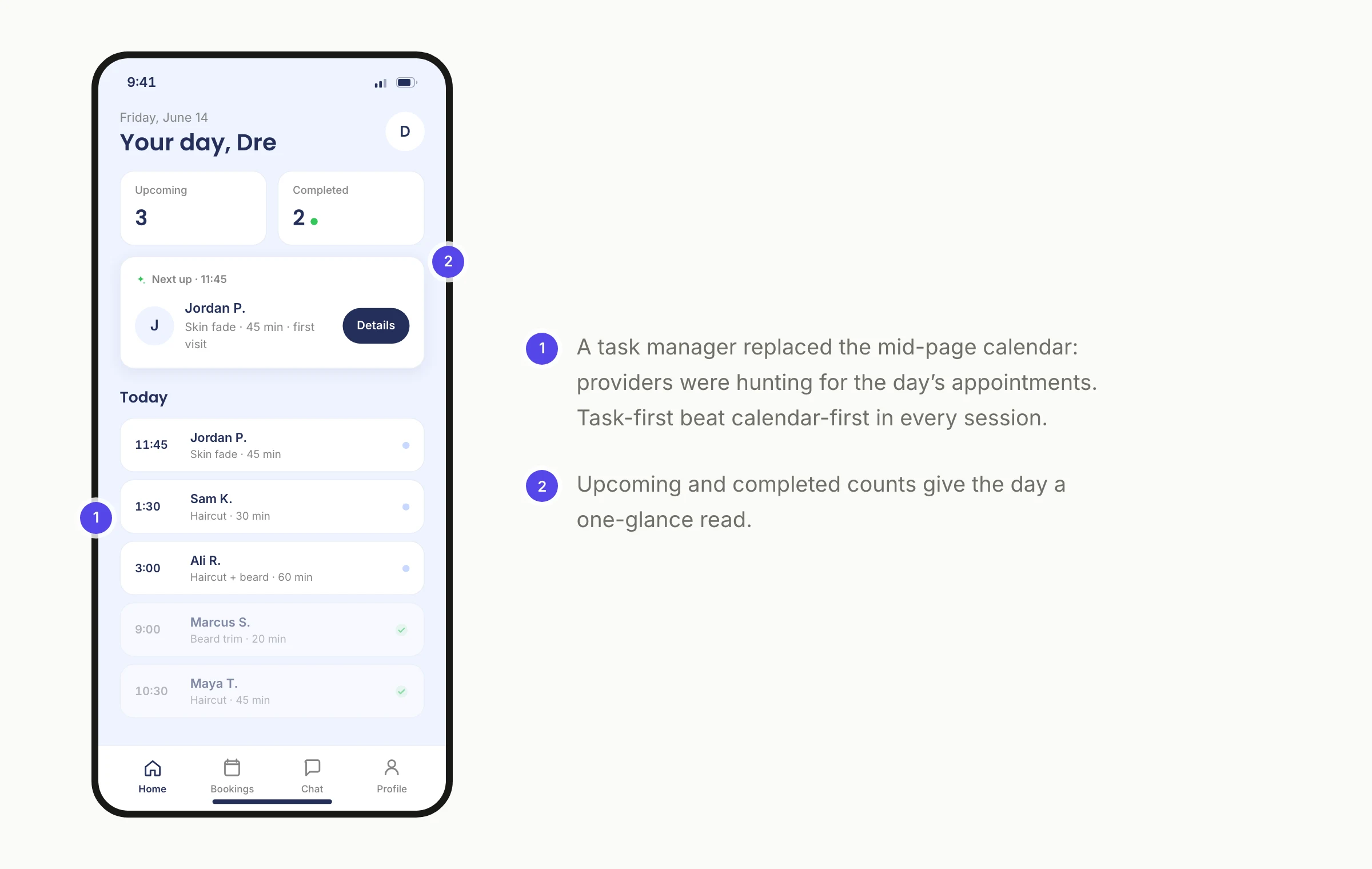 Provider home after testing: task-first, not calendar-first