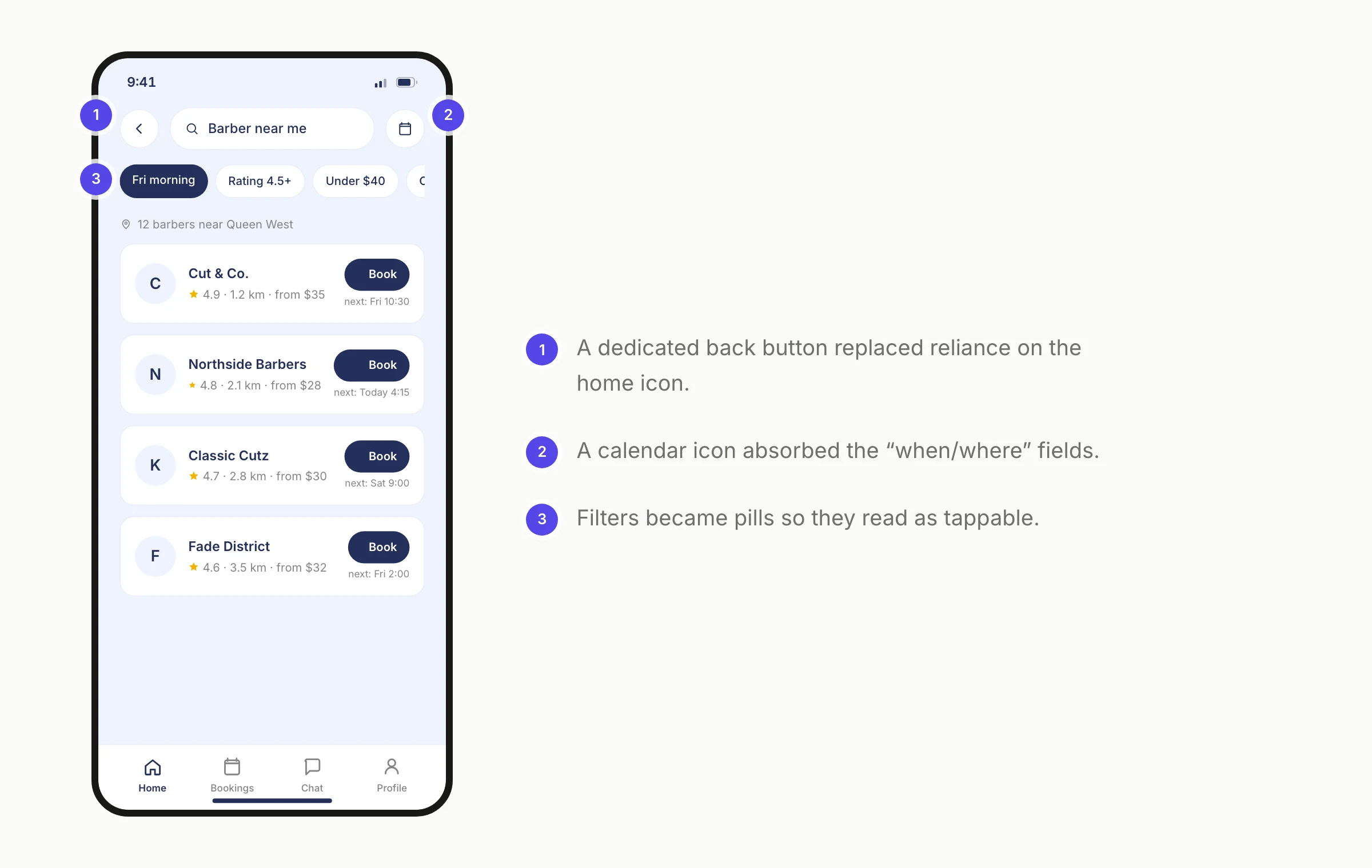 Search results after testing: direct return path, compact date entry, filter pills