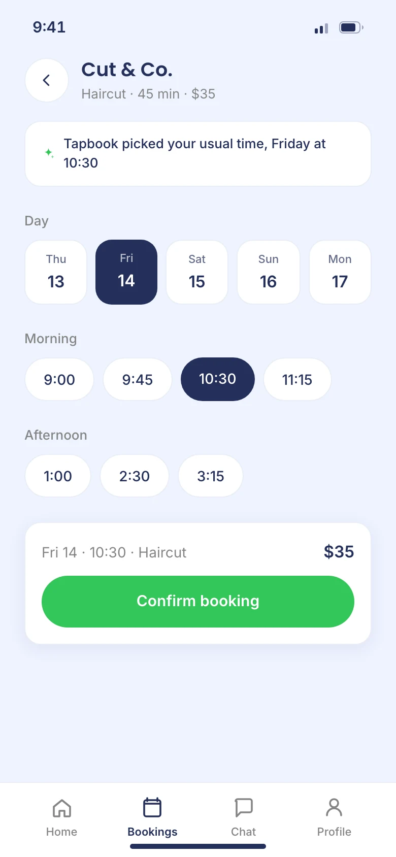 Booking screen with an AI-suggested time, a day picker, and time slots