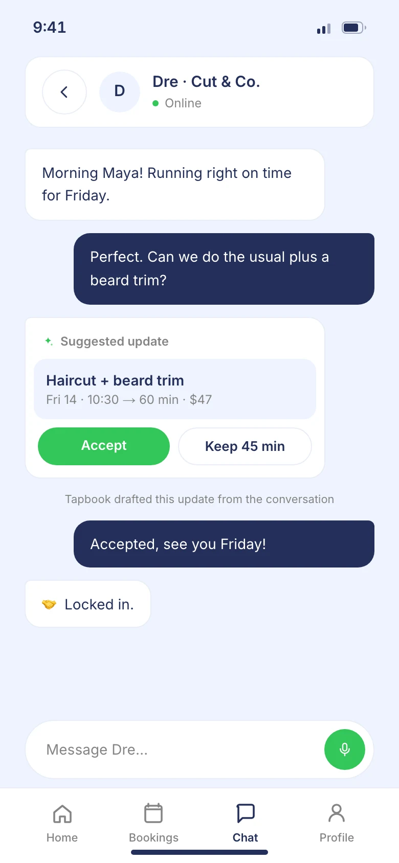 In-app chat between client and provider, with an AI-drafted booking update