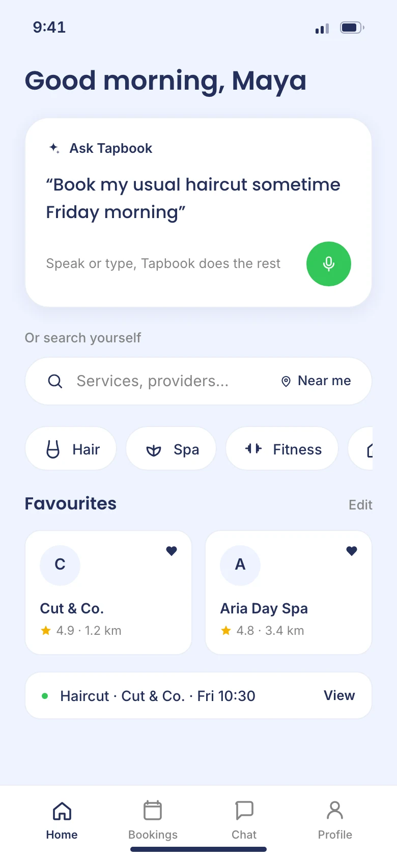 Tapbook mobile client home led by an Ask Tapbook prompt, with search, favourites, and the next appointment