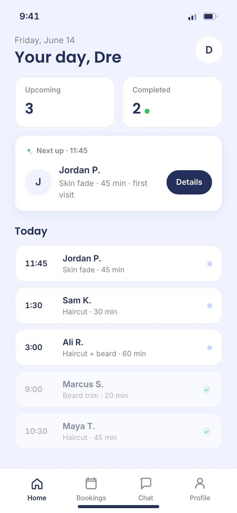 Provider dashboard with daily schedule and task counts