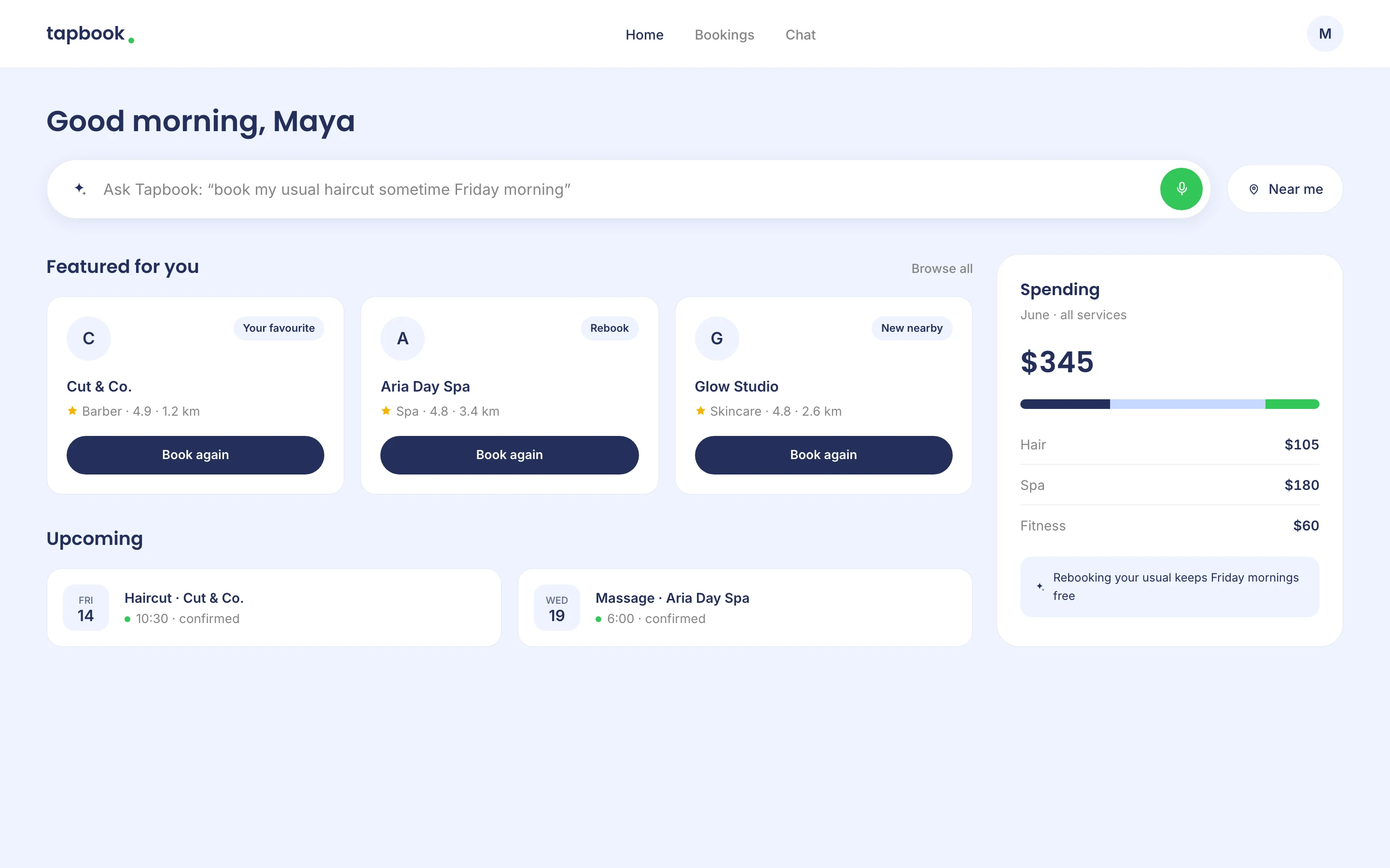 Tapbook web dashboard led by an Ask Tapbook prompt, with featured providers, upcoming appointments, and spending