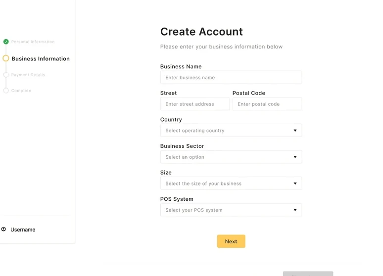 Create account step two — business information