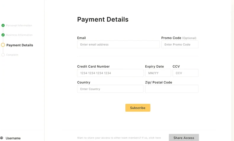 Payment details step with subscribe action