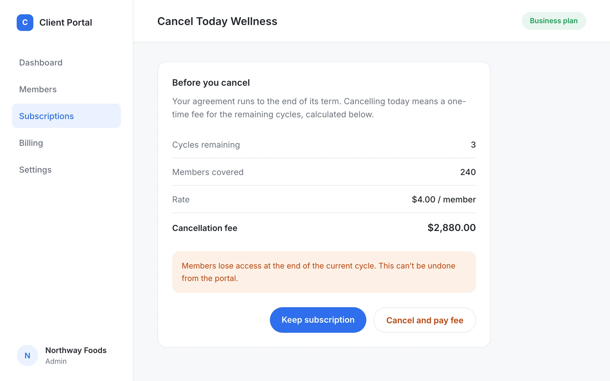 Cancel subscription screen with fee breakdown