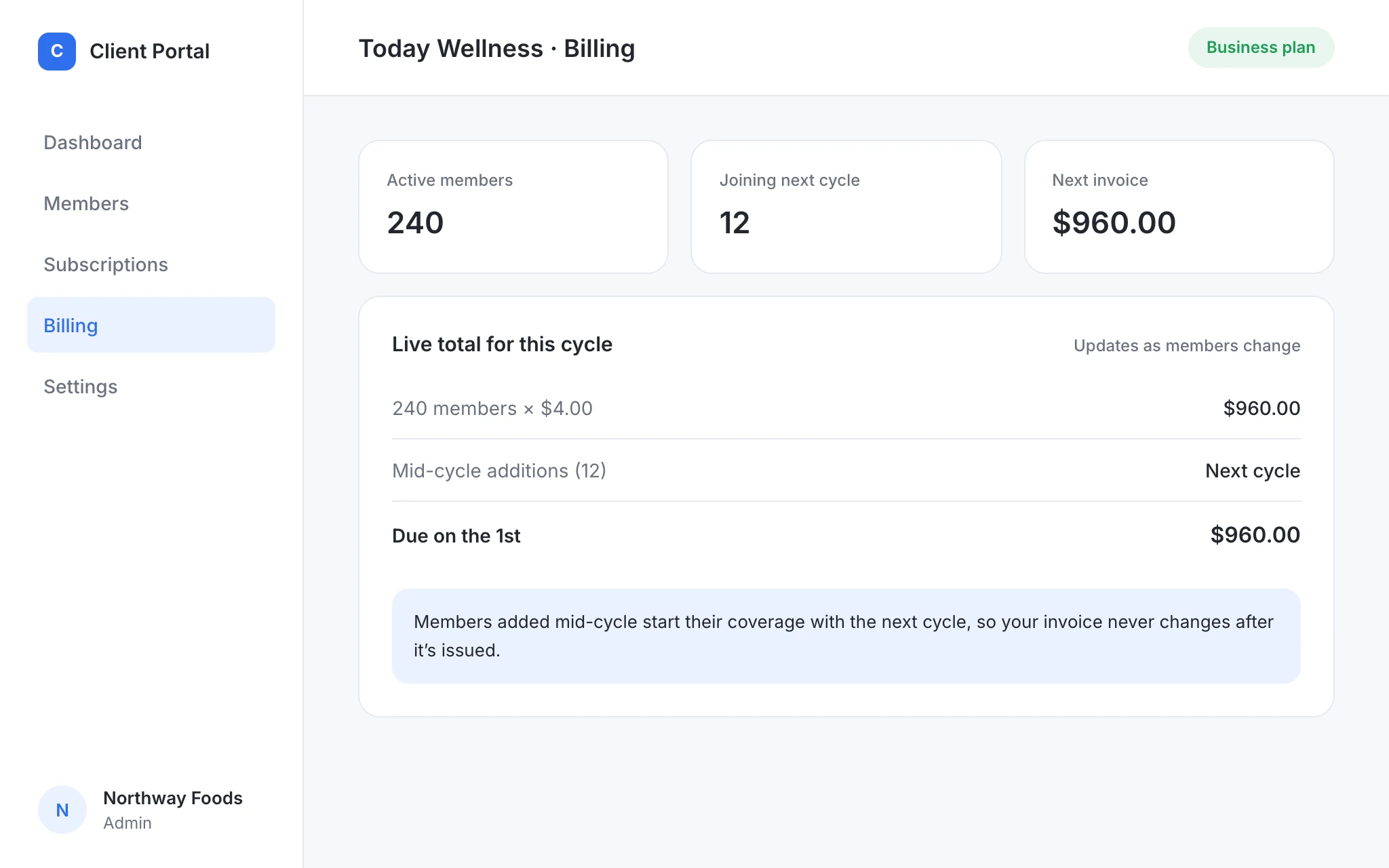 Subscription cost screen with live total calculation
