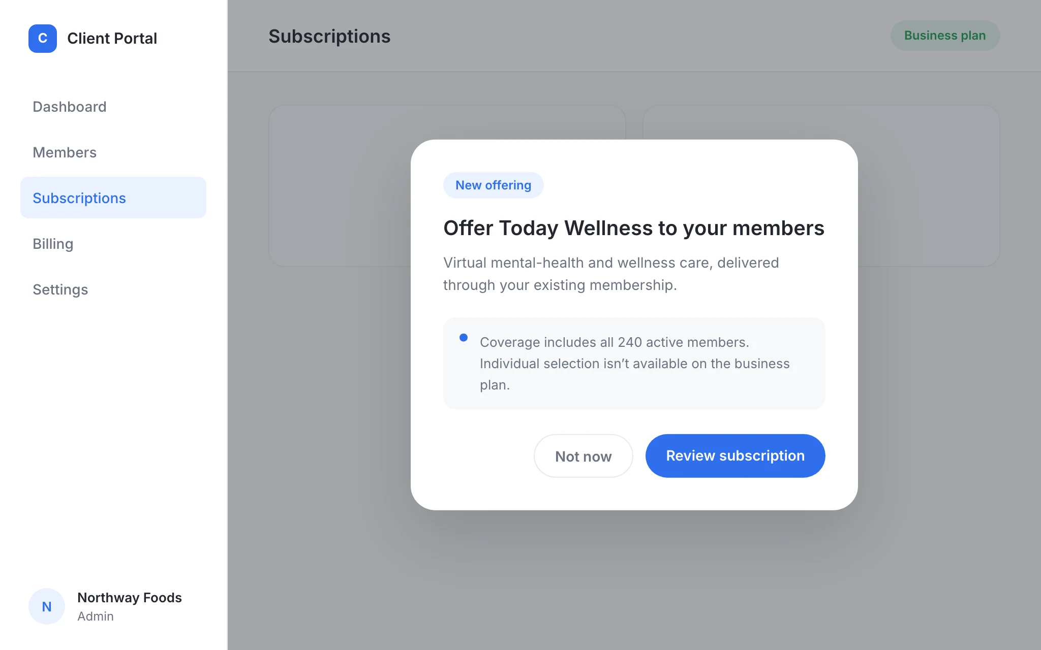 Today Wellness opt-in modal in the client portal